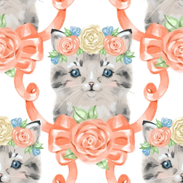 Cats in love cute seamless pattern on white background
