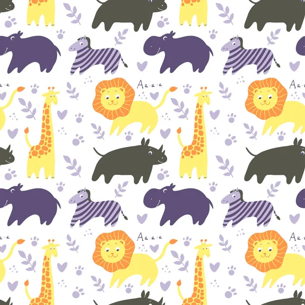 Vector seamless pattern with animals giraffe, zebra, lion, elephant. — Stock Vector