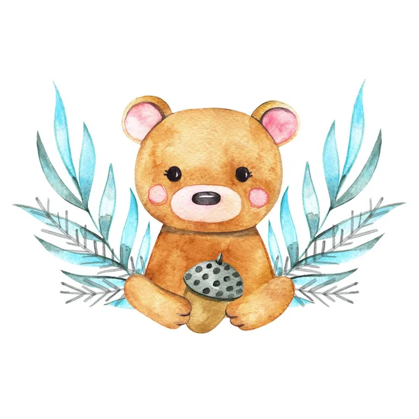 Illustration: adorable bear in watercolor technique. Beautiful card with cute little bear. — ストック写真