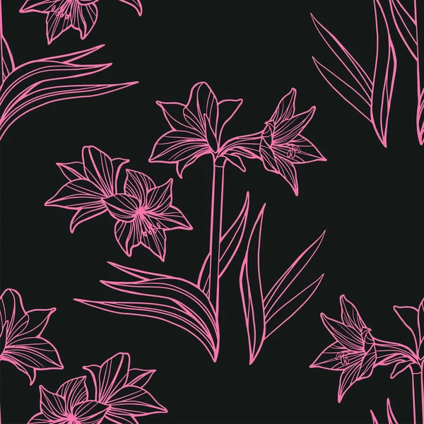 Hippeastrum amaryllis lírio florescendo flores sem costura padrão. Elegante macio floral folhagem guirlanda buquê. Ilustração do desenho do vetor . —  Vetores de Stock