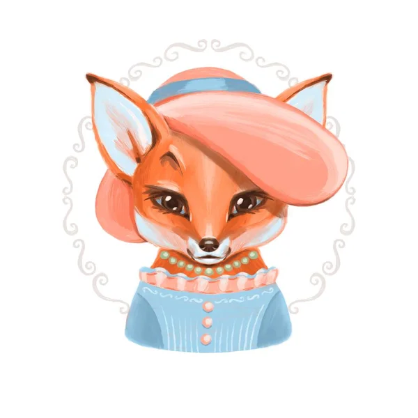 Krásná pohlednice s roztomilou liškou v modrých šatech a klobouku. Vtipná kreslená postava. Akvarel ručně kreslené ilustrace — Stock fotografie