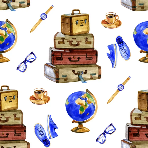 Проезд бесшовный шаблон с туристическим оборудованием - чемодан, глобус, очки, кофе. Акварель . — стоковое фото