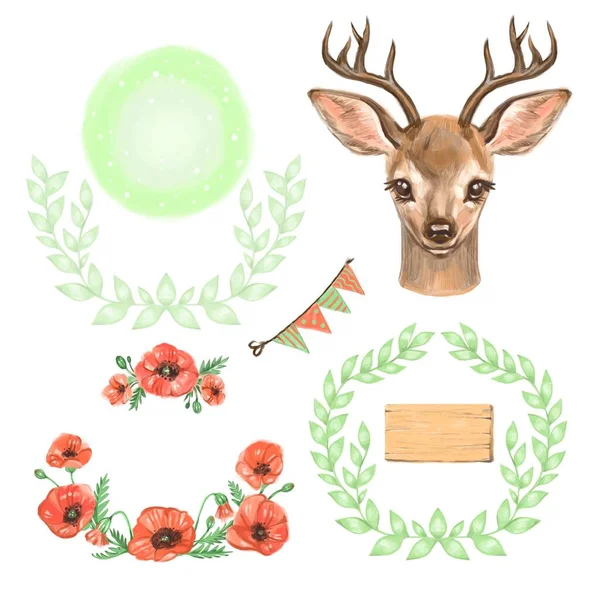 Watercolor illustration. Cute fawn with flowers. Baby deer in a flower wreath — Stock Photo, Image