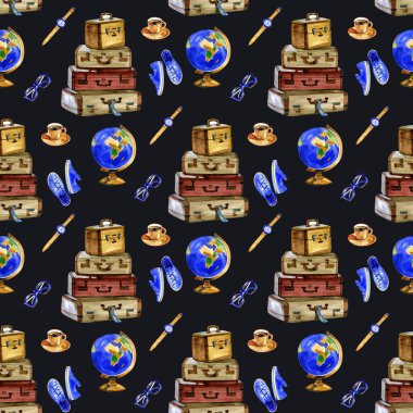 Seyahat ekipmanlarıyla kusursuz bir yolculuk - bavul, küre, bardak, kahve. Suluboya turist tasarımı.