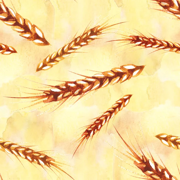 Watercolor seamless pattern with hand drawn ear of wheat. Hand drawn sketched illustration. Concept for agriculture, organic cereal products, harvesting grain, bakery, healthy food. — Stock Photo, Image