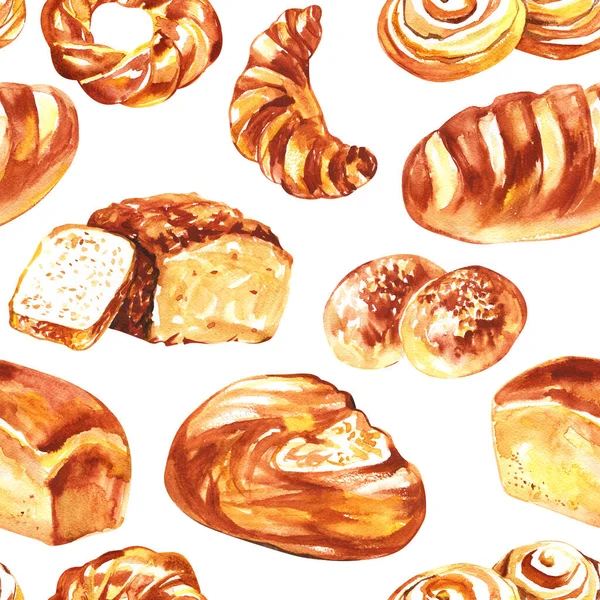 Seamless pattern watercolor. Bakery watercolor background. Yellow and brown bread tone of watercolor bakery. Seamless background. — Stock Photo, Image