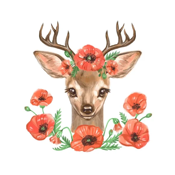 かわいい鹿。デジタルハンドは子供のためのイラストを描いた。かわいい水彩画のデザイン。クリスマスをテーマに。グリーティングカード、ポストカード、 Tシャツデザインなどに最適 — ストック写真