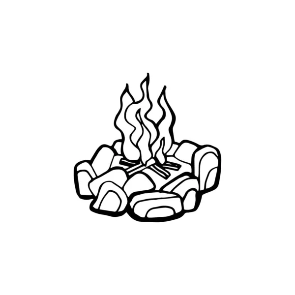 手描きのキャンプファイヤー付きベクトルポスター。炎と火傷、薪とエネルギー、暖炉と焚き火、ベクトルイラスト — ストックベクタ