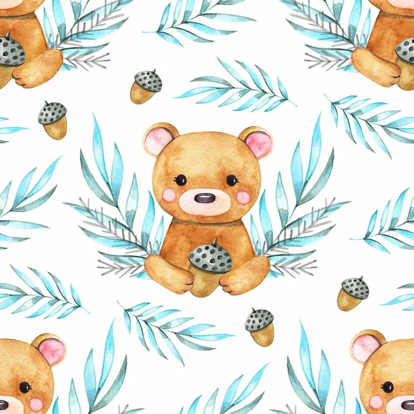 Handritning akvarell våren mönster av skogsdjur - björn med blad. illustration isolerad på vitt — Stockfoto