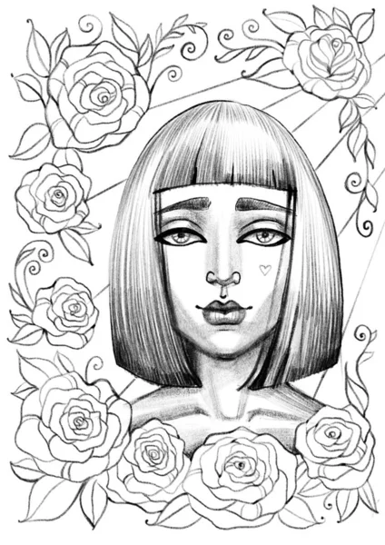illustration, magic coloring page, beautiful fairy princess with roses