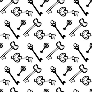 Klasik anahtar vektör kusursuz desen. Anahtarlar el çekme tarzında. Siyah ve beyaz.