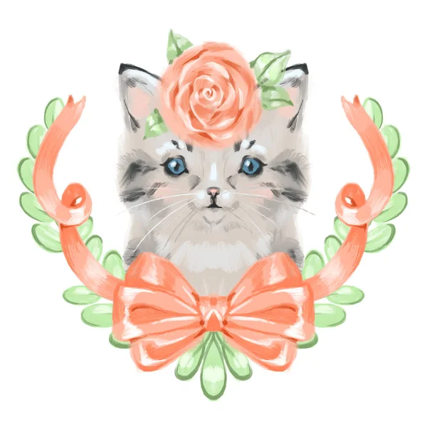 Hermoso y lindo gatito dibujado a mano con una corona floral —  Fotos de Stock