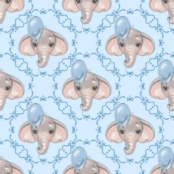 Seamless pattern of cute blue elephants. Scrapbooking background for boy. Illustration for holiday, baby shower, birthday, textile, wrapper, greeting card, print, banners, flyers