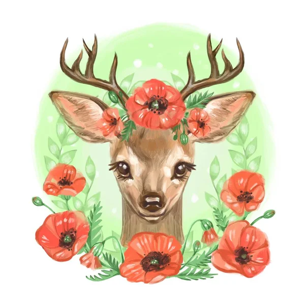 Watercolor illustration. Cute fawn with flowers. Baby deer in a flower wreath . — Stock Photo, Image