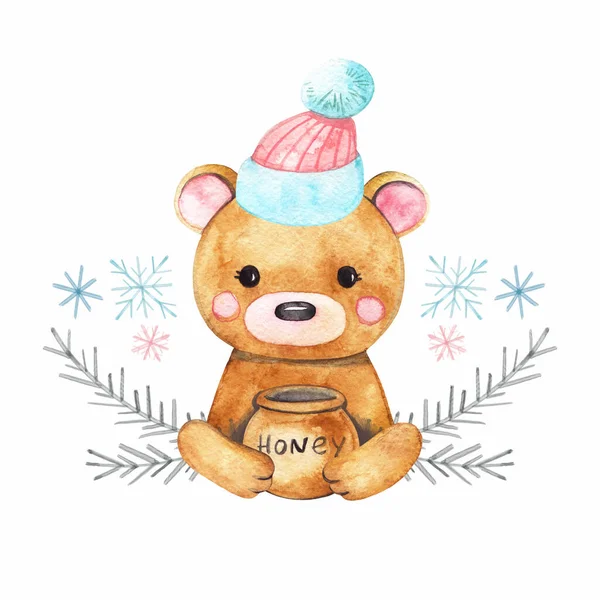 Watercolor cute bear. Christmas bear character in winter clothes. Cute bear in hat. Cute bear.