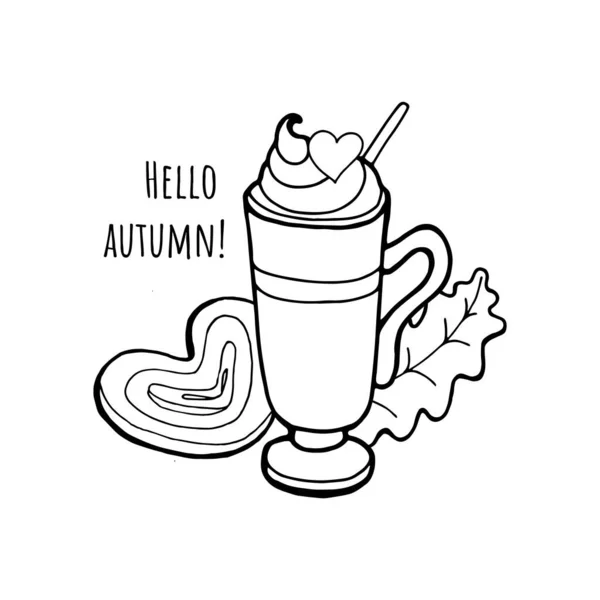 Coloring page. Cup hot cappuccino coffee with autumn leaves. Autumn mood concept. Warm autumn coloring book. Fall illustration — Stock Photo, Image