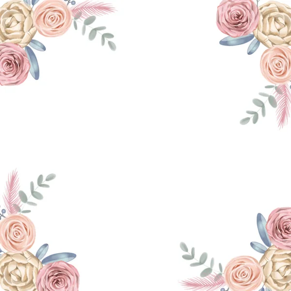 Cute rose floral frame. Watercolor roses wedding background