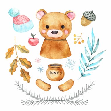 El yapımı suluboya çocuklar parti seti. Ayı ve element koleksiyonu. Tebrik kartları ve posterler için elementler yerleştirdim.