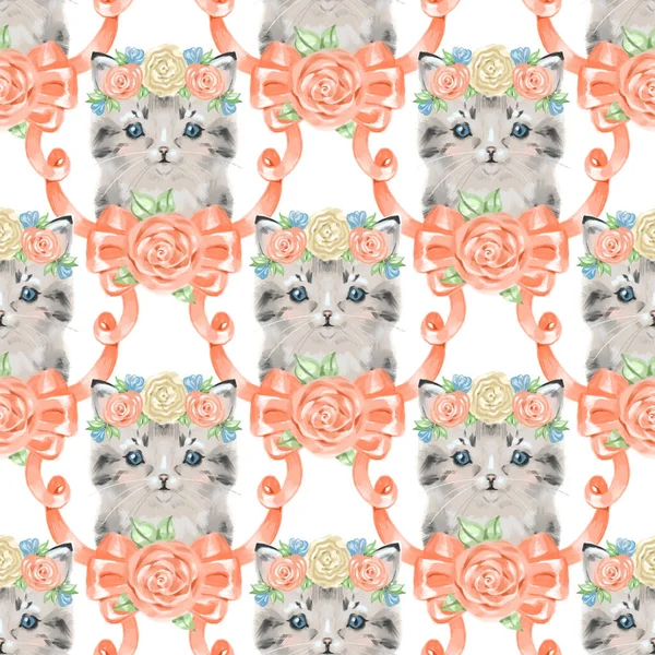 Funny retro seamless pattern with cats. Digital illustration