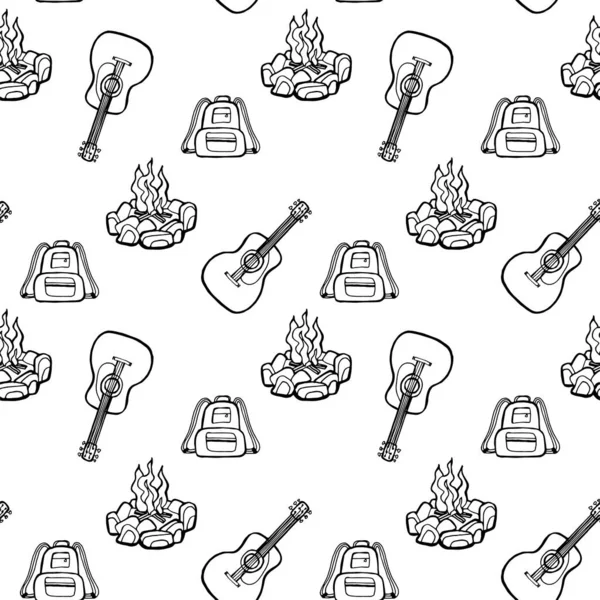 캠핑 - 기타 와 불. 손에 솔기없는 무늬를 그린 반사기 — 스톡 벡터