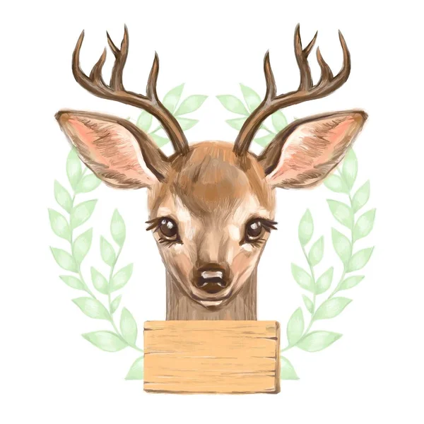 디지털 워터 컬러 삽화 흰색 배경에 뿔달린 사슴만 따로 있다 — 스톡 사진
