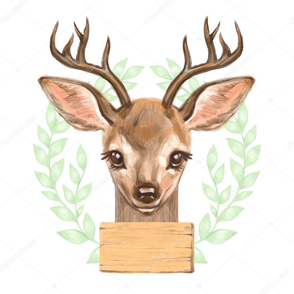 Digital watercolor illustration isolated deer with antlers on white background