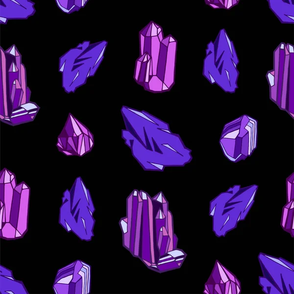 Sömlös vektor mönster - lila kristaller eller ädelstenar, på mörk bakgrund, oändlig textur med ädelstenar, stjärnor, diamanter, handritade eller klotter illustration. — Stock vektor