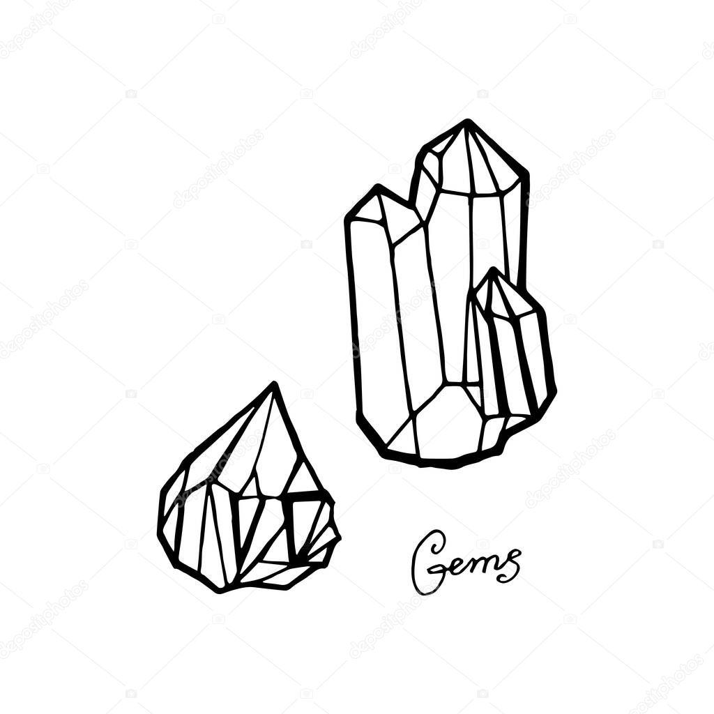 Hand drawing crystal gem. Geometric gemstone isolated on white background