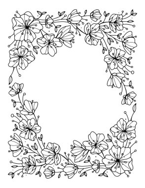 Çiçekli el çizimi yay çerçevesi. Boyama sayfası. Karalama çiçekleri dekoratif kenar