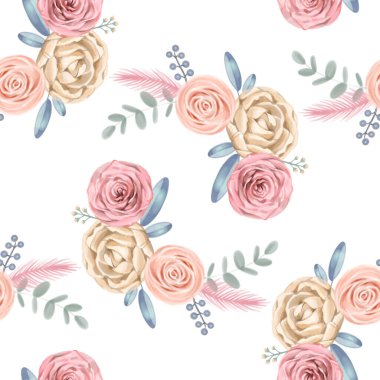 Kusursuz çiçek arkaplanı. Güllere tırmanan dijital suluboya deseni. Şık bir stil..