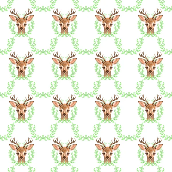 鹿のシームレスなパターン。白を基調とした可愛い水彩画. — ストック写真