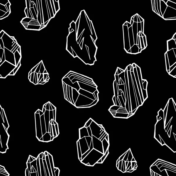 Naadloze vector patroon - paarse kristallen of edelstenen, op donkere achtergrond, eindeloze textuur met edelstenen, sterren, diamanten, met de hand getekend of doodle illustratie. — Stockvector