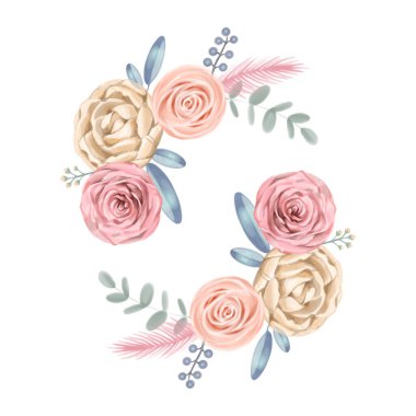 Suluboya çiçekler. Çiçek çizimi, Pastel renginde çiçek, pembe gül ve gri yaprak. Çiçek dalları beyaz arka planda izole edilmiş. Düğün veya tebrik kartı için hoş bir kompozisyon..