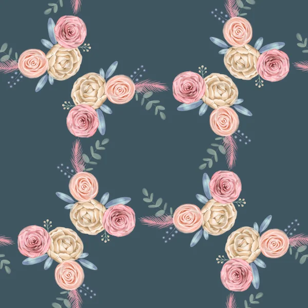 Rosa vintage lindo sin costuras, fondo de acuarela patrón de flores —  Fotos de Stock