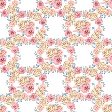 Elle boyanmış suluboya güller ve bahçeden ve bitkilerden esinlenilmiş yapraklarla kusursuz bir desen. Romantik çiçek arkaplanı tekstil, dekoratif kağıt veya hatıra defteri için mükemmel