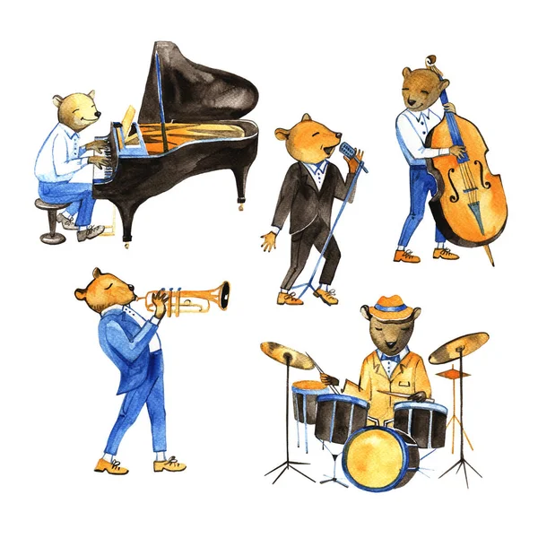 用乐器描绘可爱熊的水彩画.林地爵士乐队. — 图库照片