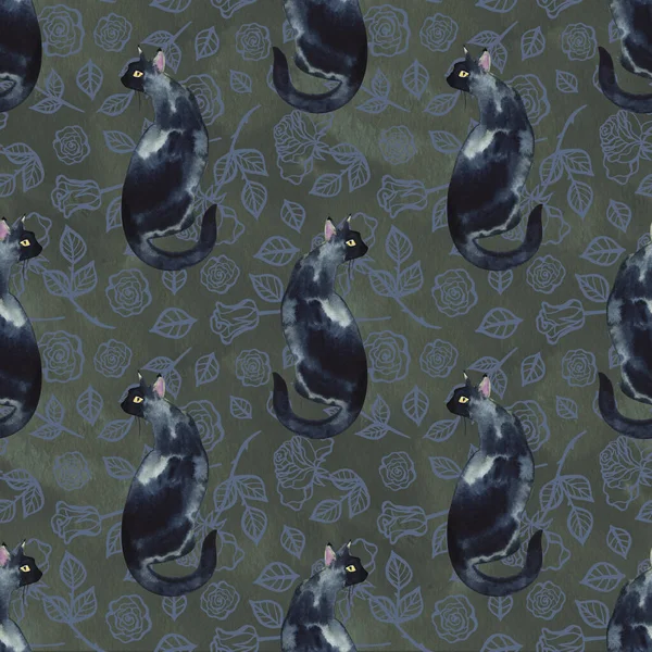 Akwarela Róże i czarne koty bezszwowy wzór — Zdjęcie stockowe