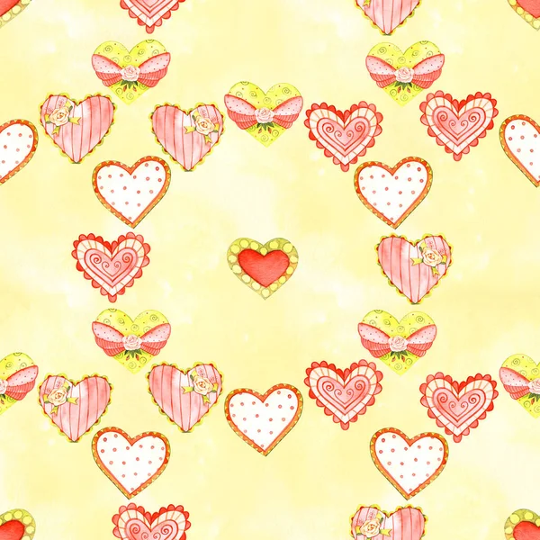 Απρόσκοπτη μοτίβο με κίτρινες καρδιές. Χειροποίητη απεικόνιση. Διακοσμητικά στοιχεία για το σχεδιασμό. Δημιουργικό έργο τέχνης — Φωτογραφία Αρχείου