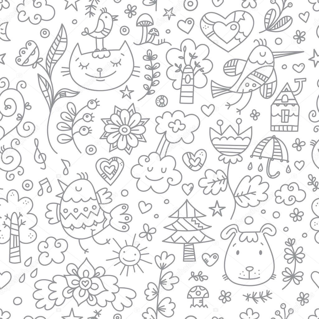 Seamless Pattern <b>Cute Cartoon</b> Cats <b>Dogs</b> Birds <b>White</b> Background ...
