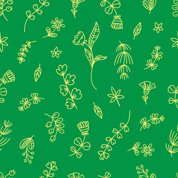 Summer seamless pattern with flowers and plants on green background. Vector contour doodle style image. — Stock Illustration Summer Seamless Pattern Flowers Plants Green Background Vector Contour Doodle Royalty Free Stock Vectors