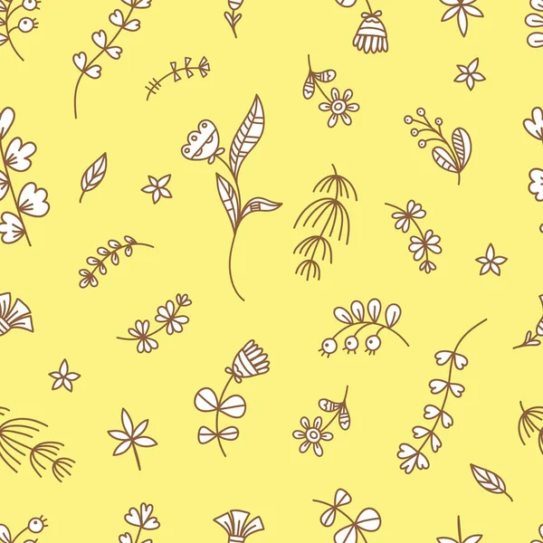 Summer seamless pattern with flowers and plants on yellow background. Vector contour doodle style image. — Stock Illustration Summer Seamless Pattern Flowers Plants Yellow Background Vector Contour Doodle Stock Illustration