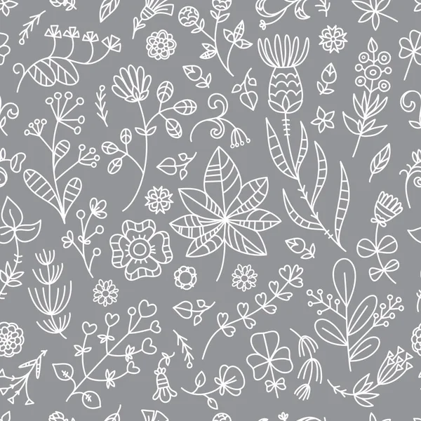 Floral seamless pattern with flowers and plants on gray background. Vector contour doodle style image. — Stock Illustration Floral Seamless Pattern Flowers Plants Gray Background Vector Contour Doodle Stock Illustration
