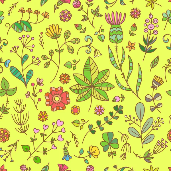 Floral seamless pattern with flowers and plants on yellow background. Vector colorful contour doodle style image. — Stock Illustration Floral Seamless Pattern Flowers Plants Yellow Background Vector Colorful Contour Royalty Free Stock Vectors