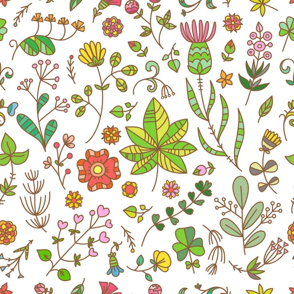 Floral seamless pattern with flowers and plants on white background. Vector colorful contour doodle style image. — Stock Illustration Floral Seamless Pattern Flowers Plants White Background Vector Colorful Contour Vector Graphics
