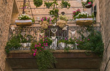 Bitkiler, kelebek ve kalpleri ile romantik balkon