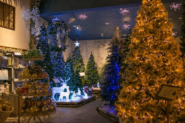 VETRALLA, ITALY - SEPTEMBER 23, 2017: Christmas trees with lights in the reign of Santa Claus shop — Stock Photo, Image