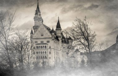Gizemli Gotik Neuschwanstein Şatosu sis, Bavyera Alpleri, Almanya