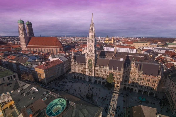 Aerial view of Marienplatz in Munich at sunset. Romantic sight of the big German city at sunset