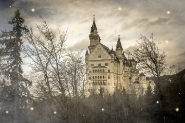 Peri Neuschwanstein Şatosu sis, Bavyera, Almanya ile mistik orman