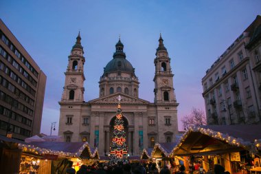 BUDAPEST, HUNGARY - 31 DECEMBER, 2019: Christmas Market at Saint Stephen Basilica square in the historic center of Budapest, Hungary